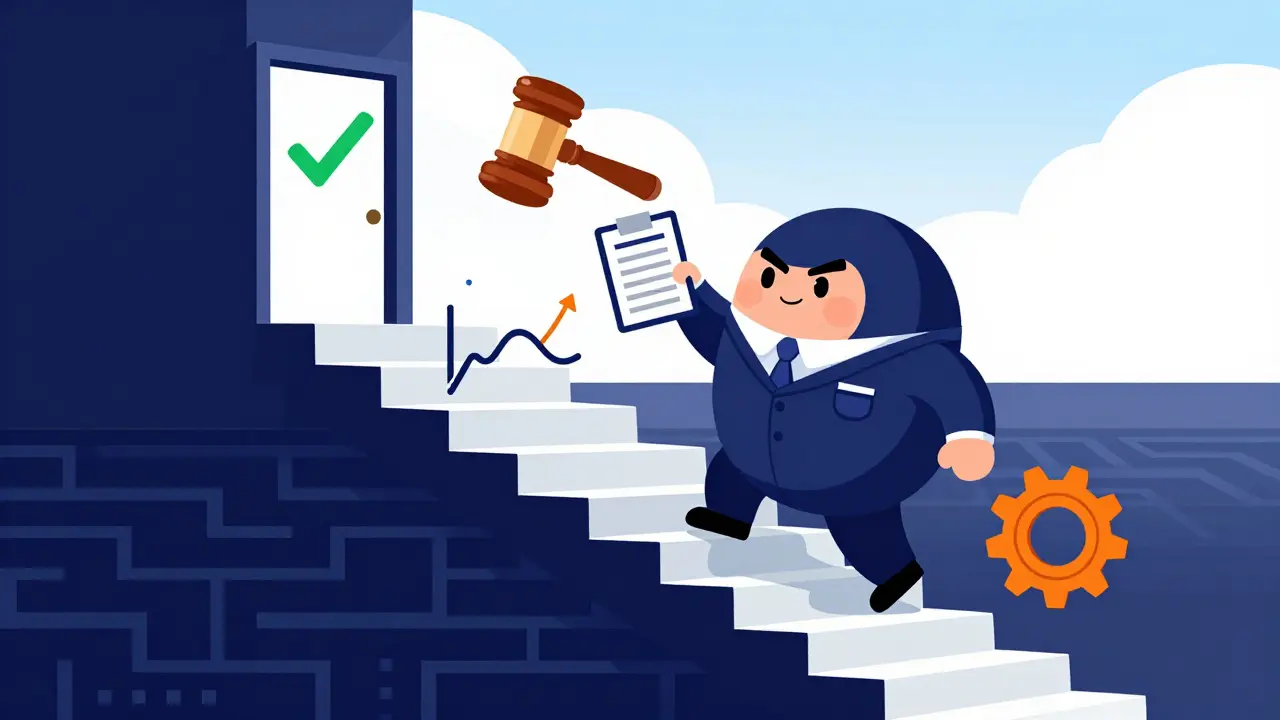 Rounded character climbing stairs toward FDA approval in cartoon style