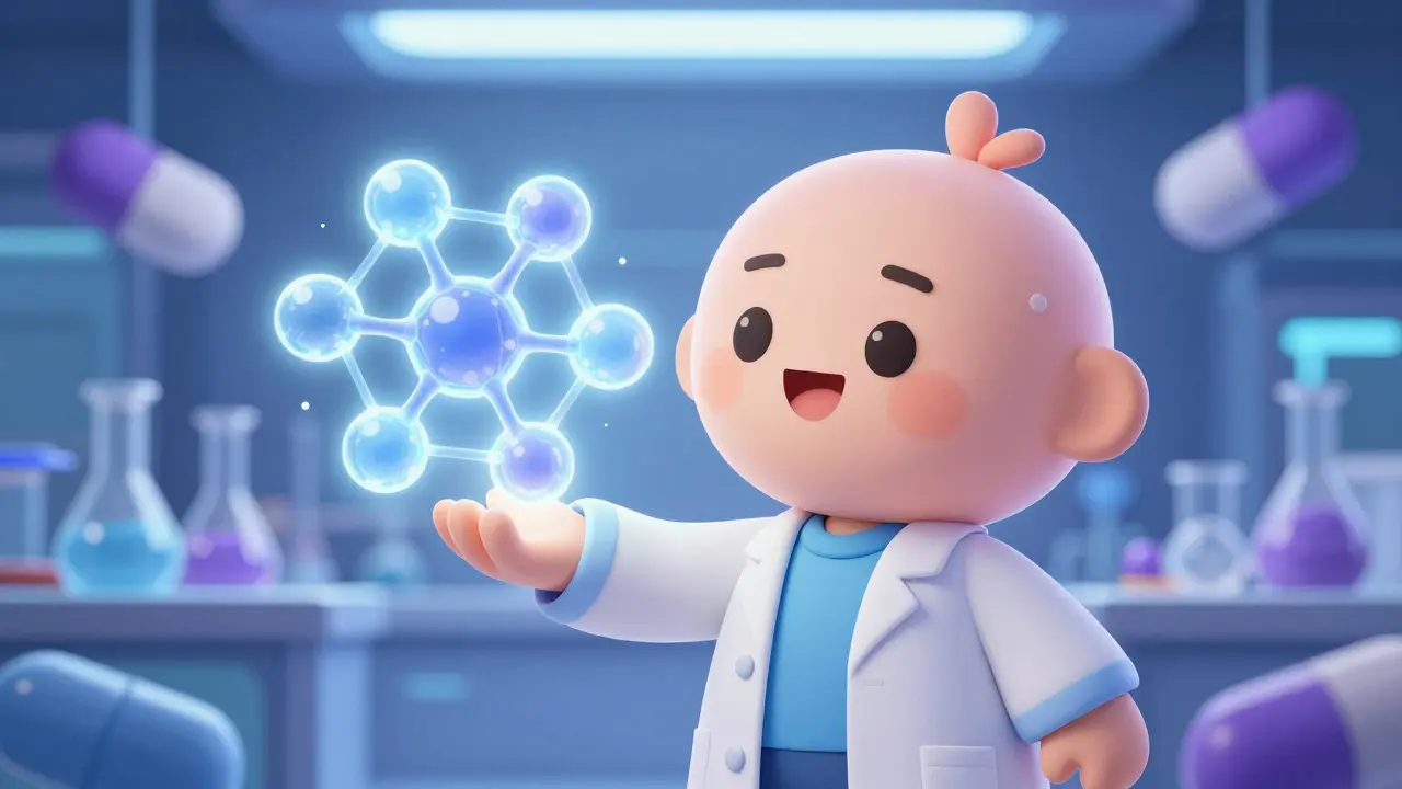 Scientist holding glowing biosimilar molecule in a modern lab illustration