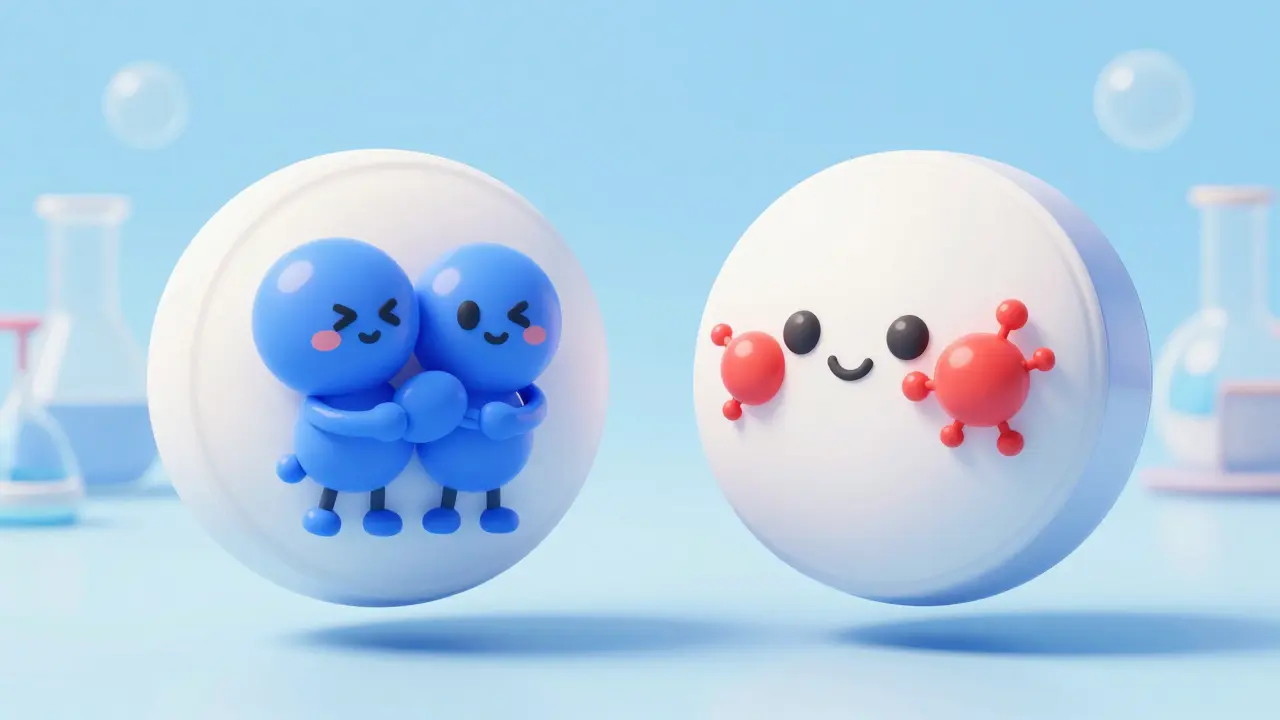 Two pills showing different internal molecular interactions
