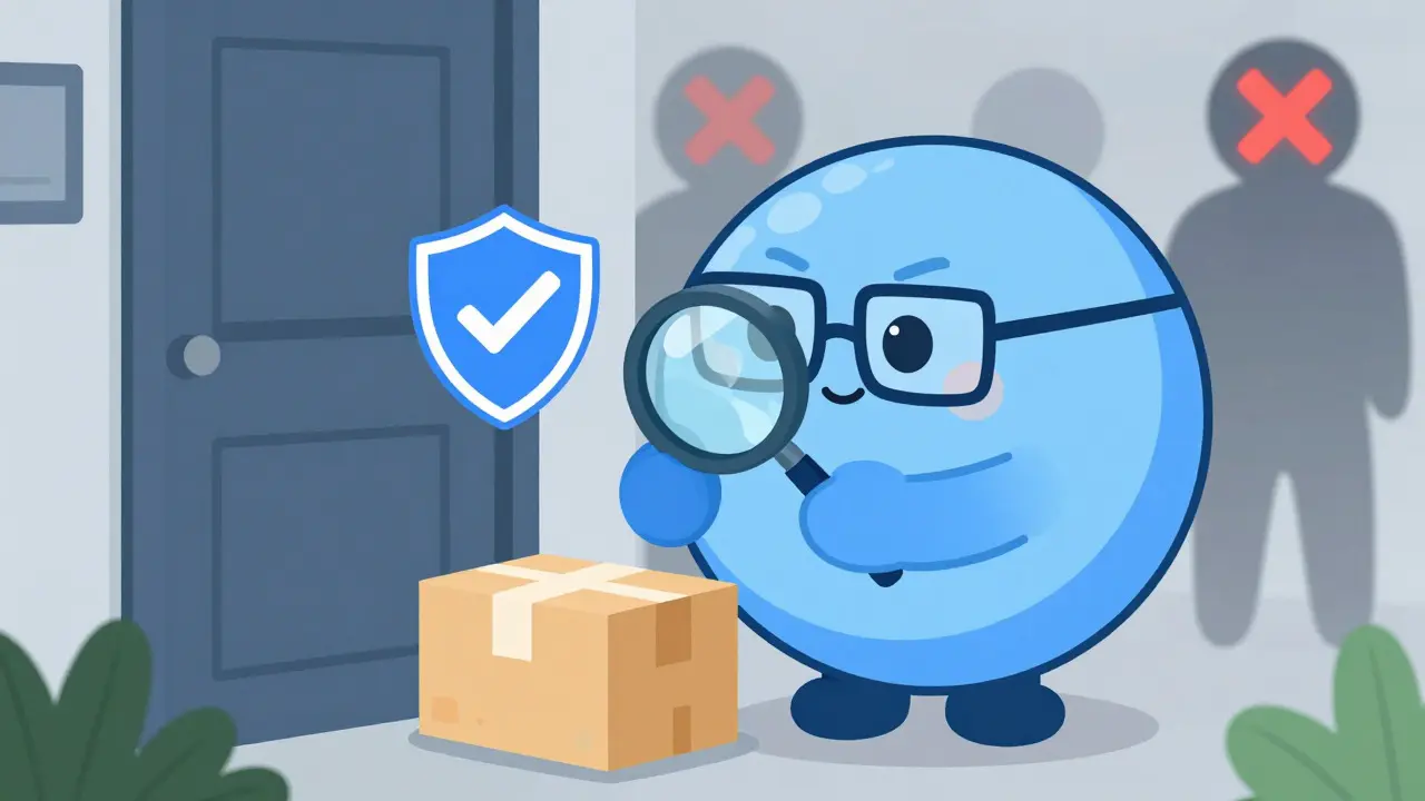 Cartoon character verifying safe online pharmacy delivery with a shield