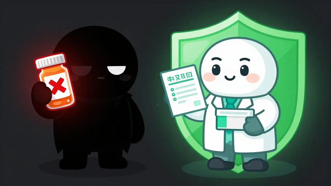 Cartoon comparison of fake vs safe online pharmacy