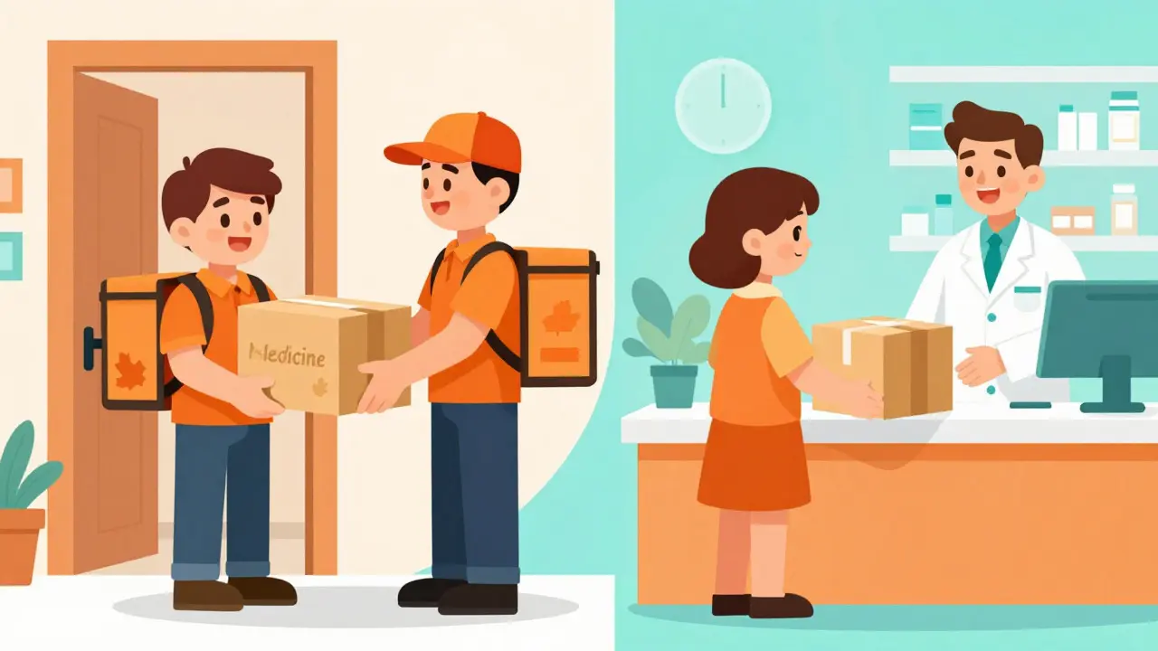 Cartoon illustration of medicine delivery to home and local pharmacy pickup