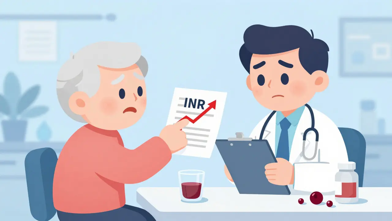 Cartoon patient discussing high INR levels caused by cranberry consumption