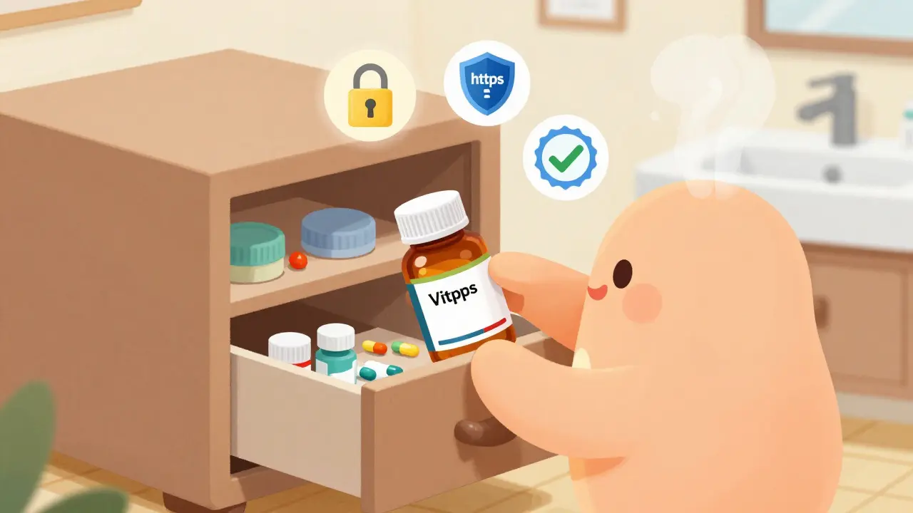 Character safely storing bulk generic pills in a dry drawer