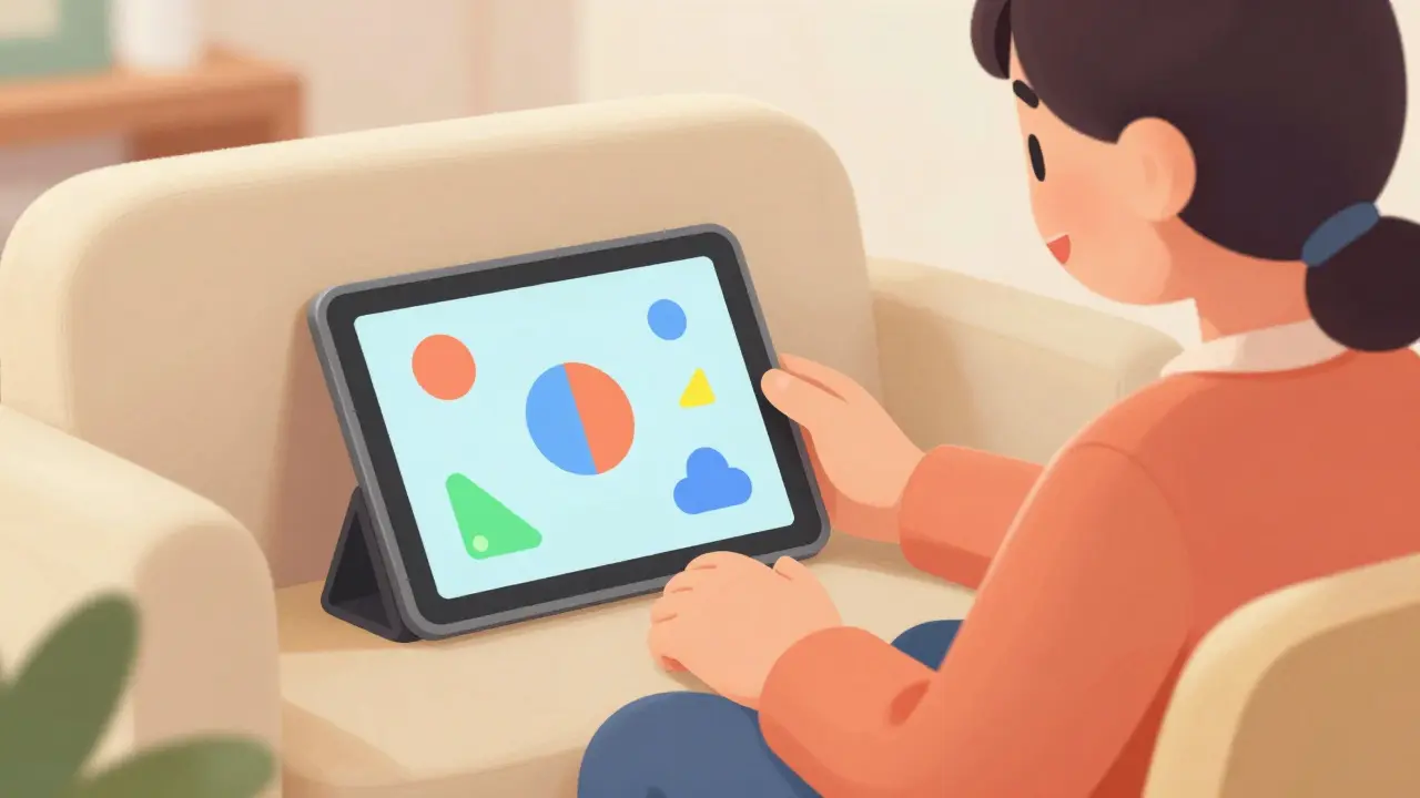 Child using a tablet for gamified vision therapy exercises