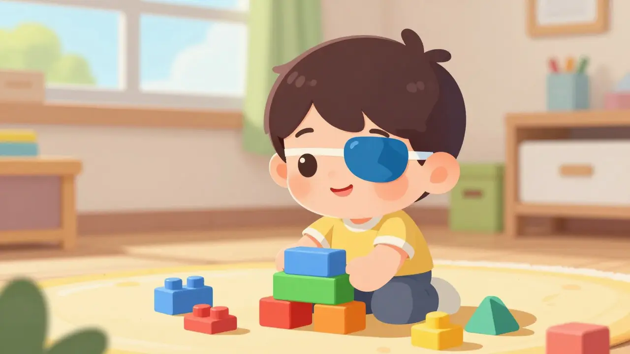Cute cartoon child wearing an eye patch while playing with blocks