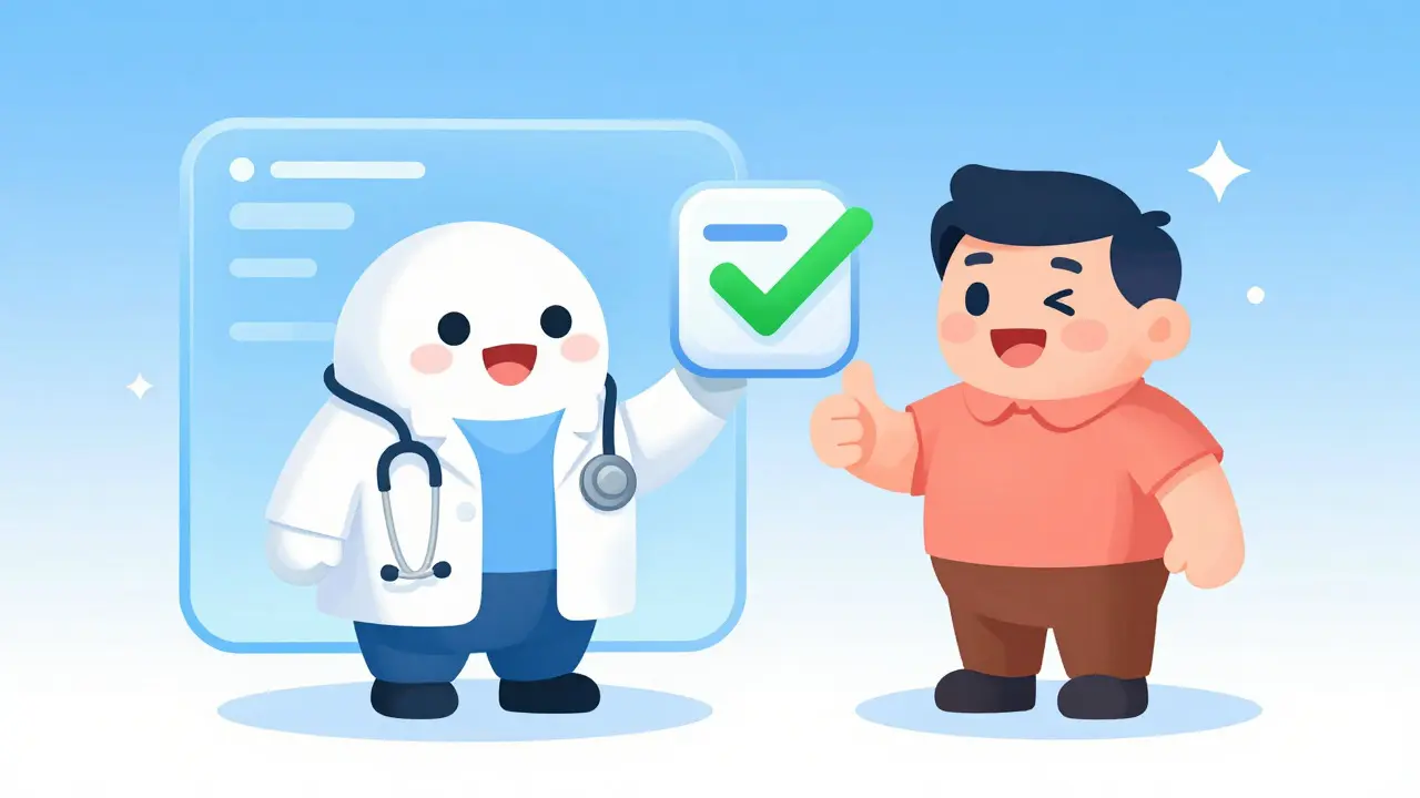 Friendly cartoon doctor on screen approving prescription for happy patient