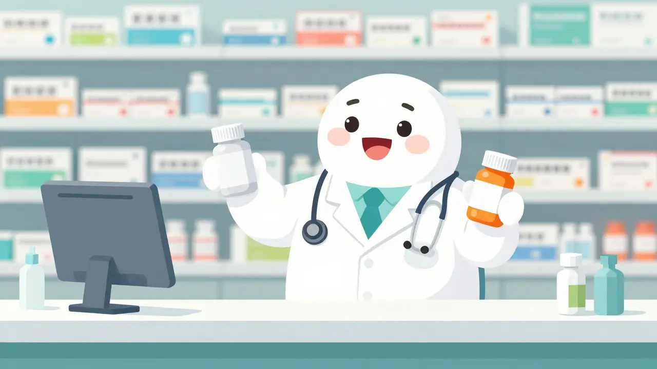 Friendly cartoon pharmacist explaining medication options to patient