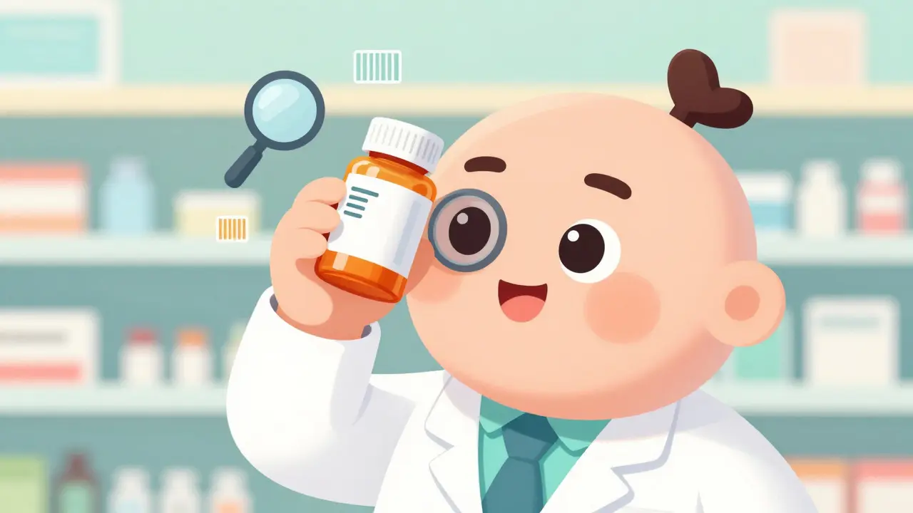 Friendly cartoon pharmacist inspecting a generic medicine bottle for manufacturer details