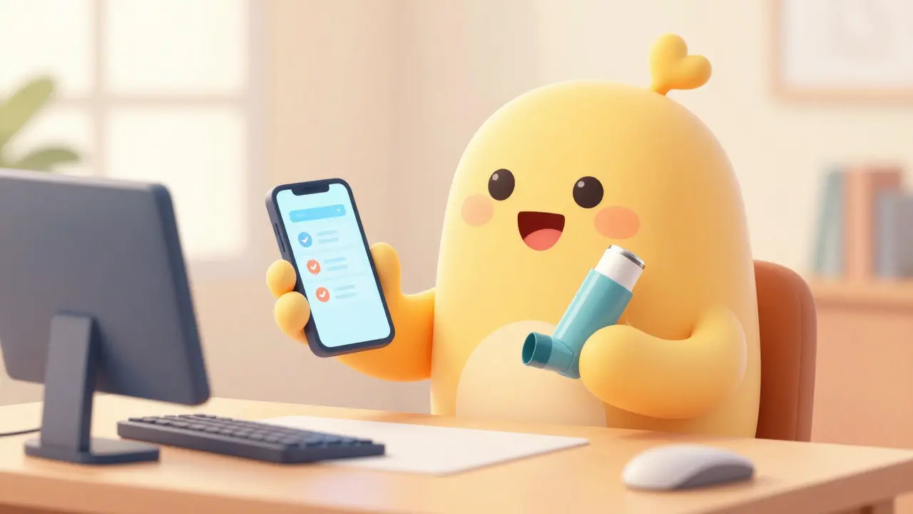 Happy cartoon character buying meds online with phone