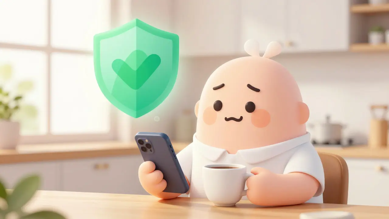 Happy cartoon character feeling secure with financial protection shield
