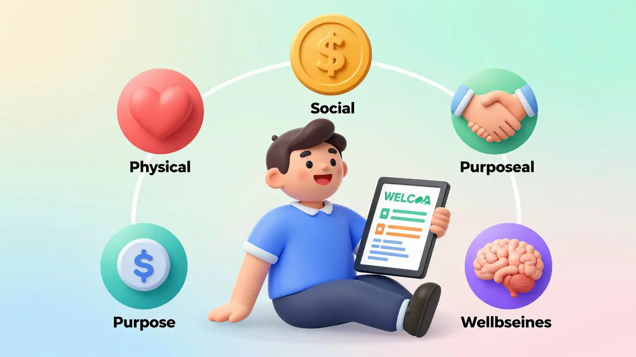 Happy employee surrounded by seven colorful wellness dimension icons.