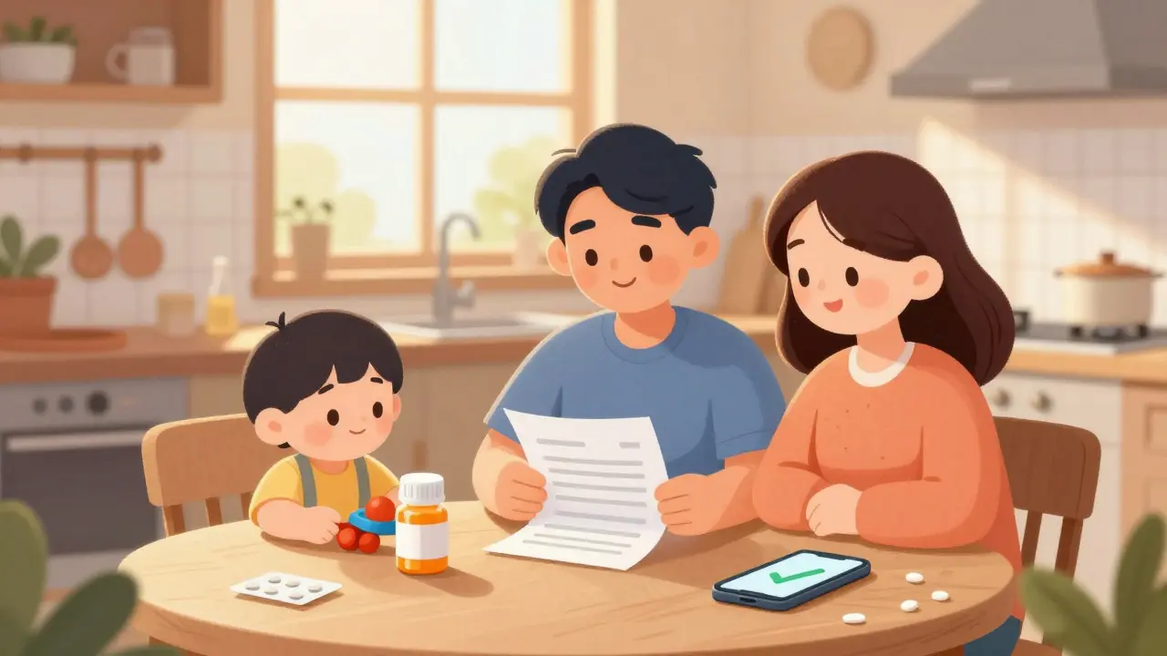 Happy family reviewing medication coupons at a sunny kitchen table