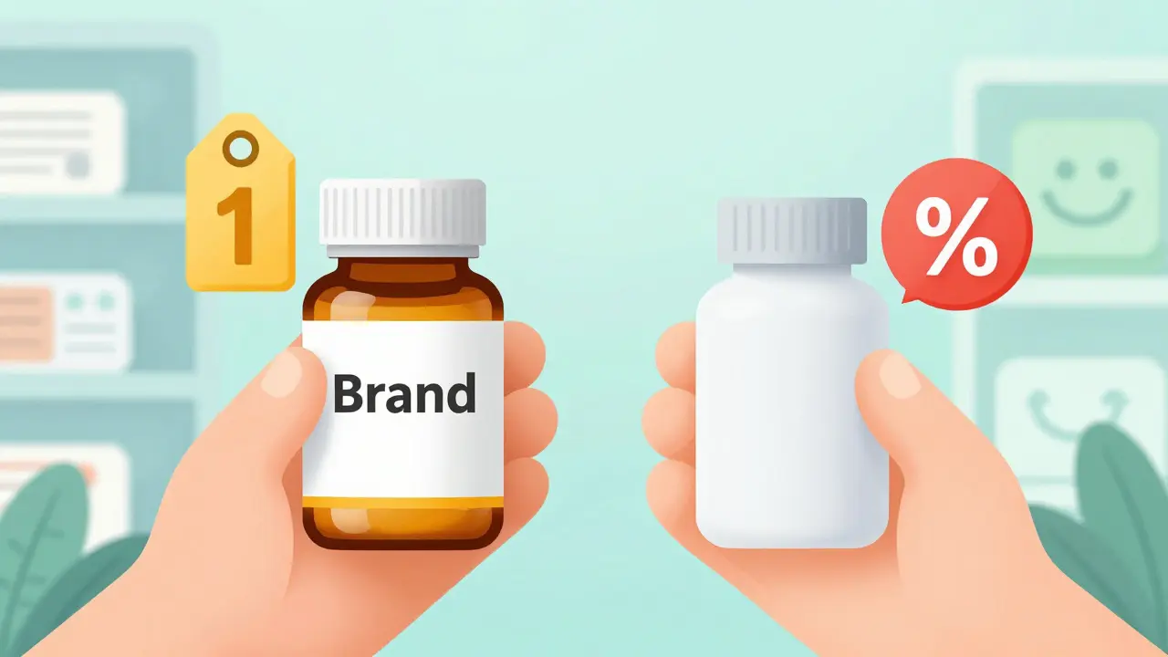 Illustration comparing brand name vs generic medication costs with icons