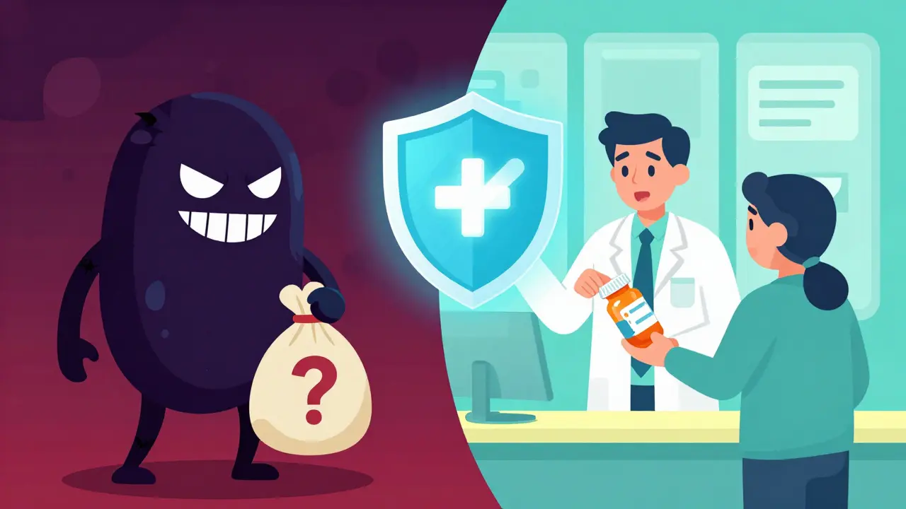 Illustration contrasting unsafe shady dealers with safe verified pharmacists