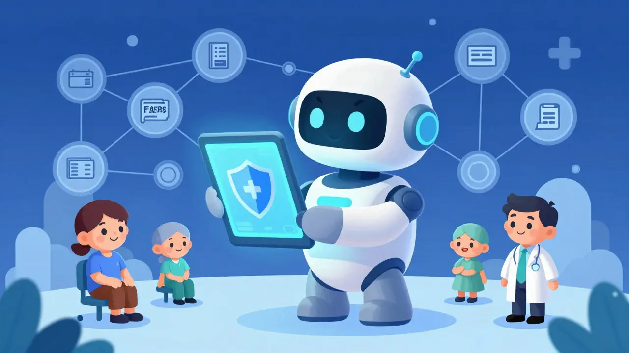 Illustration of a robot assistant and network symbolizing improved drug safety monitoring