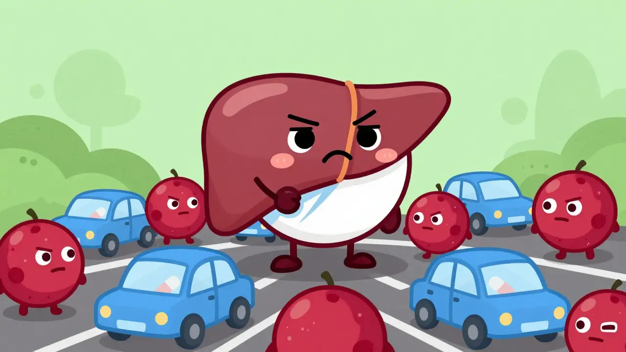 Illustration of cranberry compounds blocking Warfarin metabolism in the liver