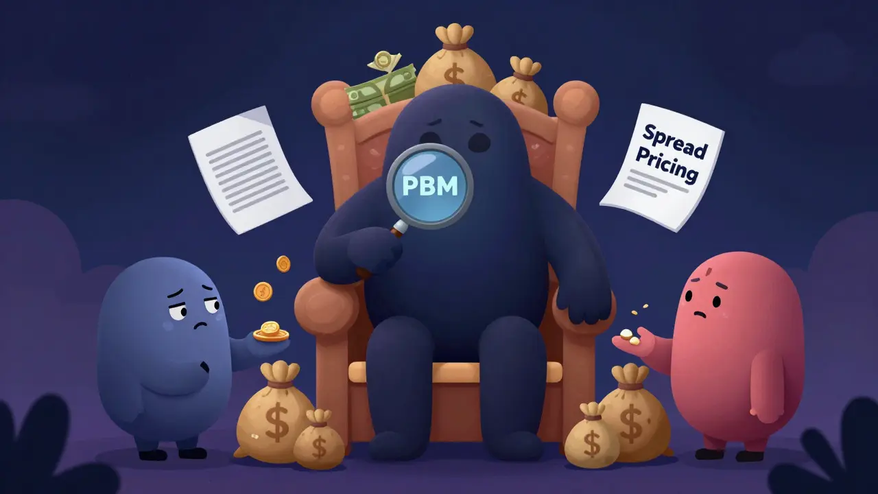 Illustration of PBM middleman profiting from spread pricing between insurer and pharmacist