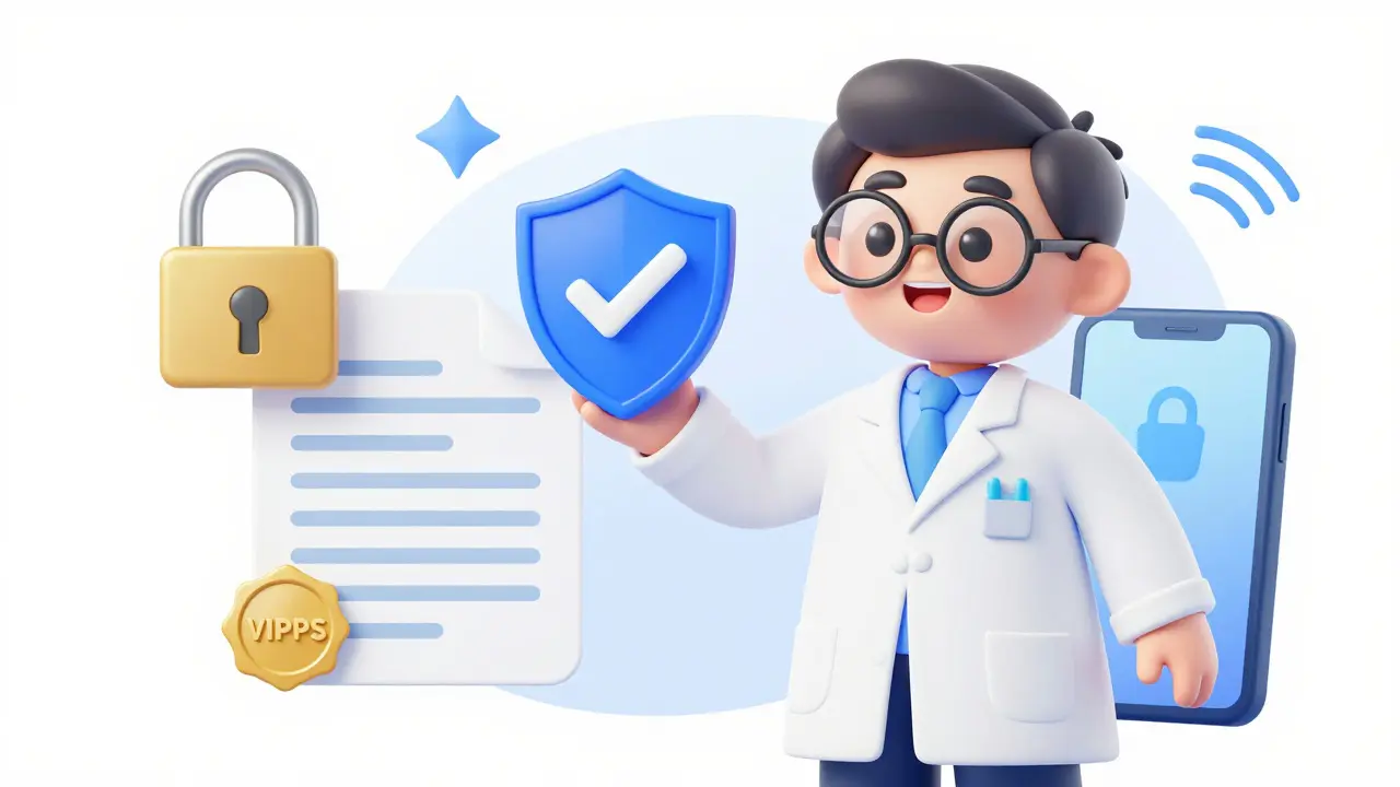 Pharmacist holding a security shield and checkmark