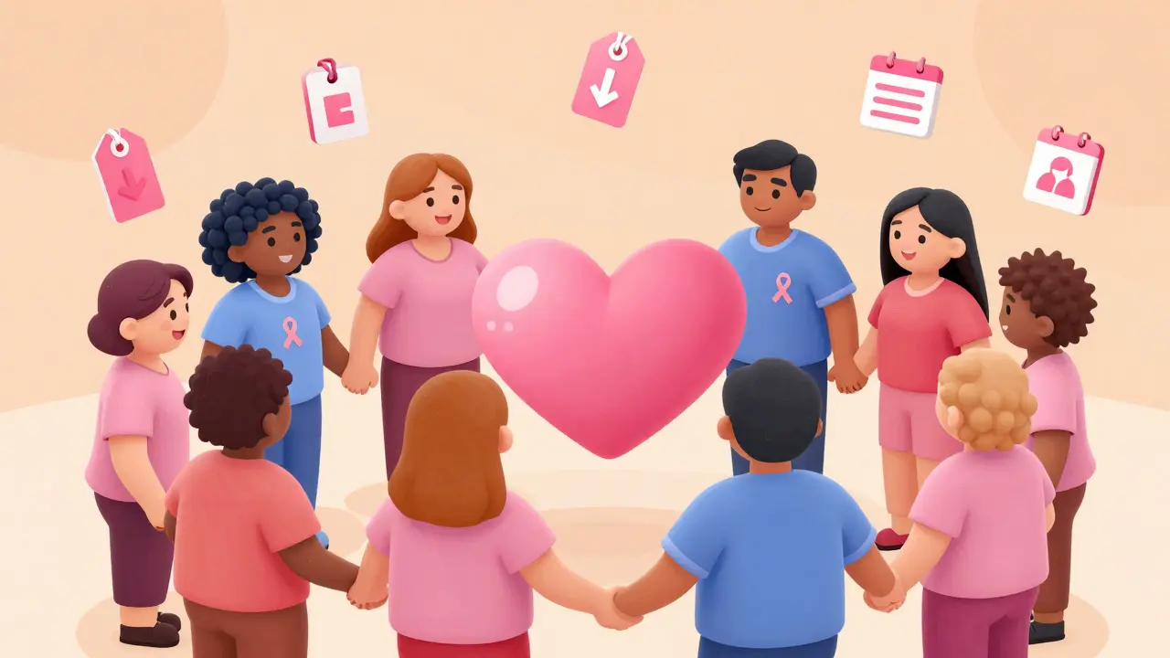 Supportive group with heart symbol and care icons