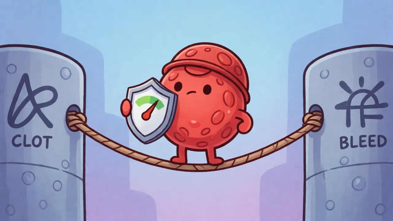 A cartoon blood cell balancing on a tightrope to represent warfarin's narrow therapeutic index.