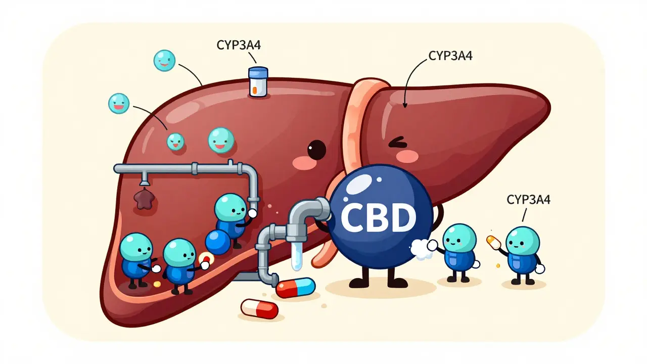 Cartoon liver blocked by CBD molecule stopping enzymes