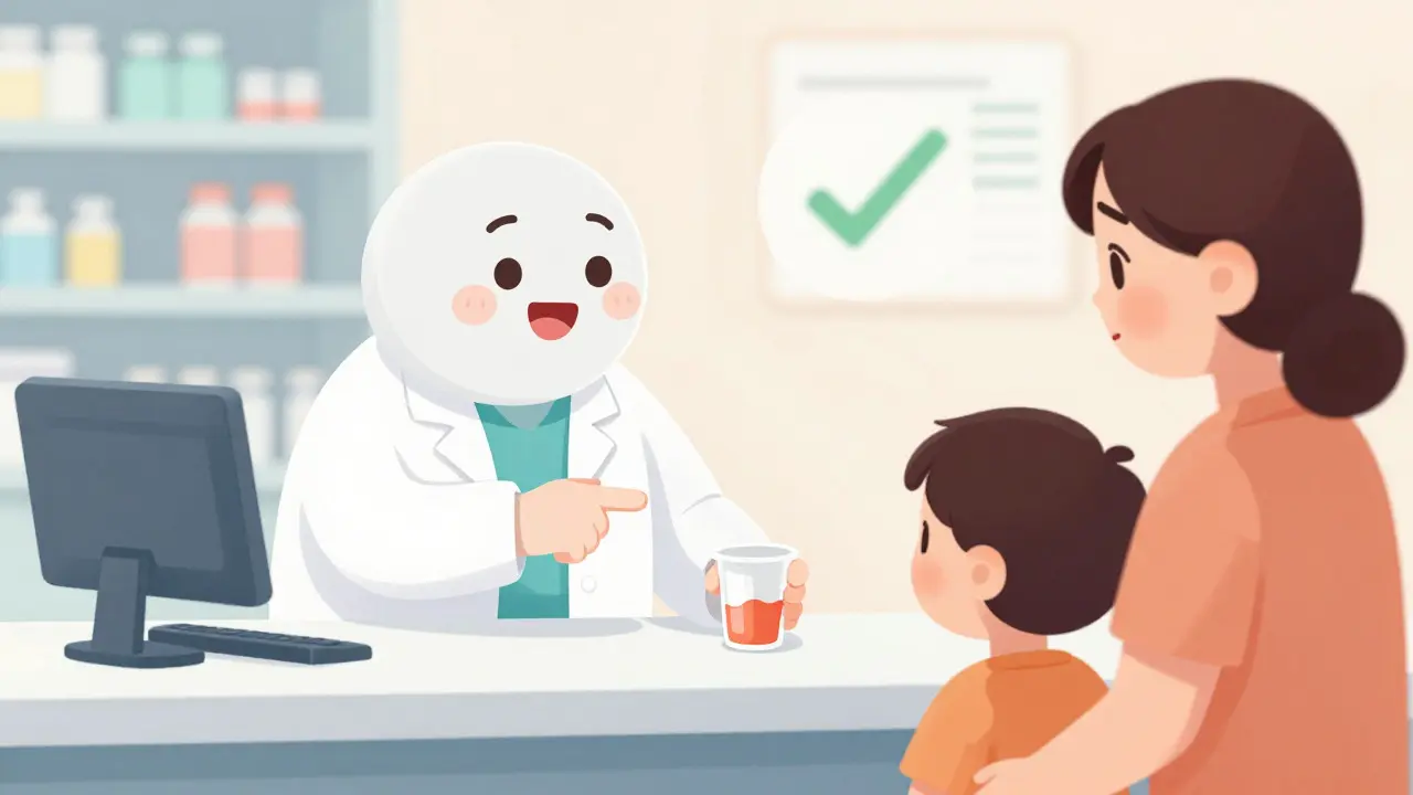 Cartoon parent confirming a medication dose with a pharmacist using a dosing cup.