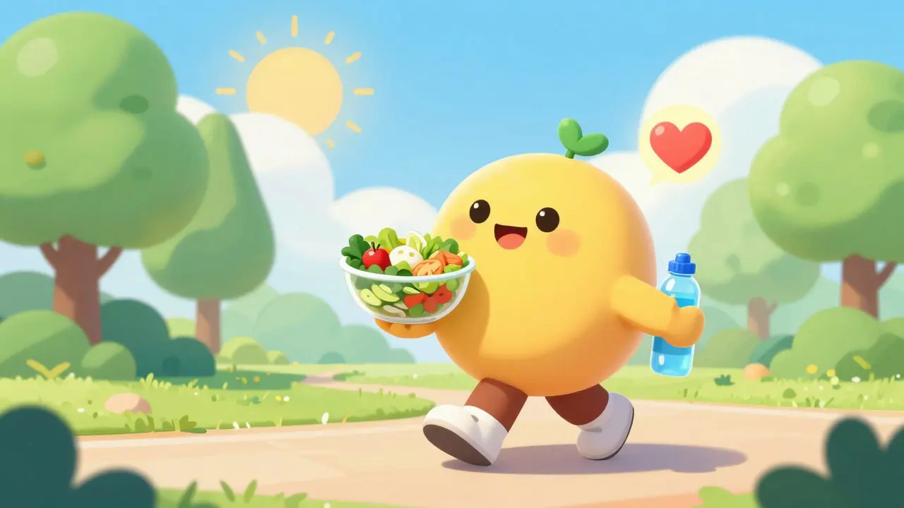 Cheerful cartoon character walking outside while holding healthy food, symbolizing lifestyle changes