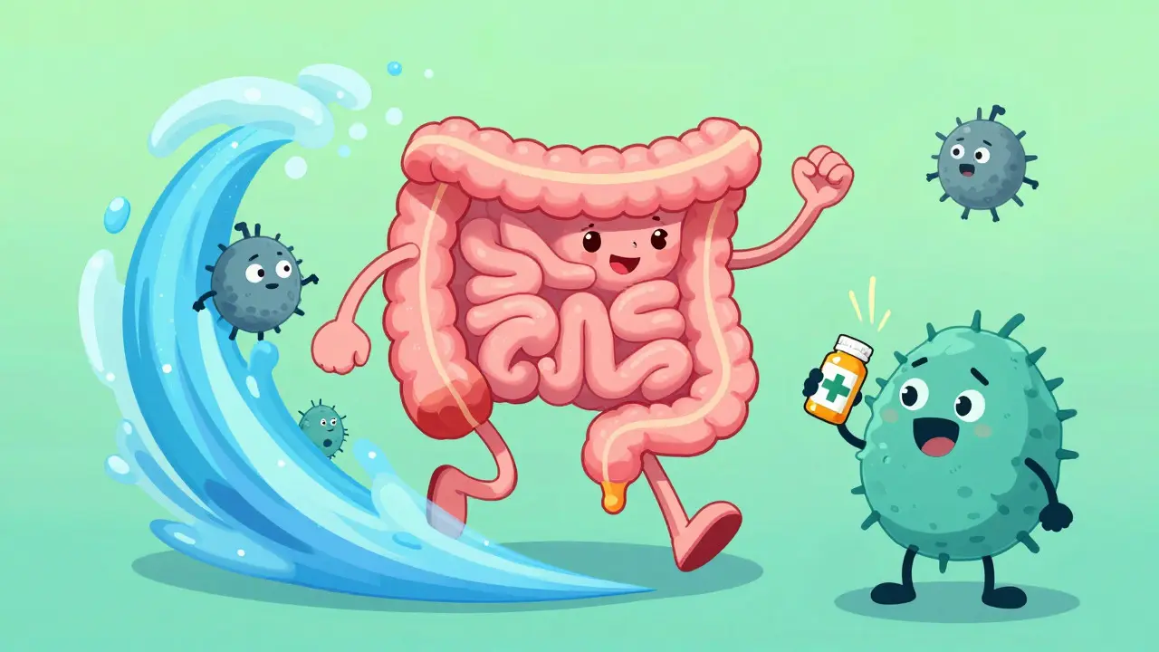 Friendly cartoon intestine character moving smoothly with bacteria removed
