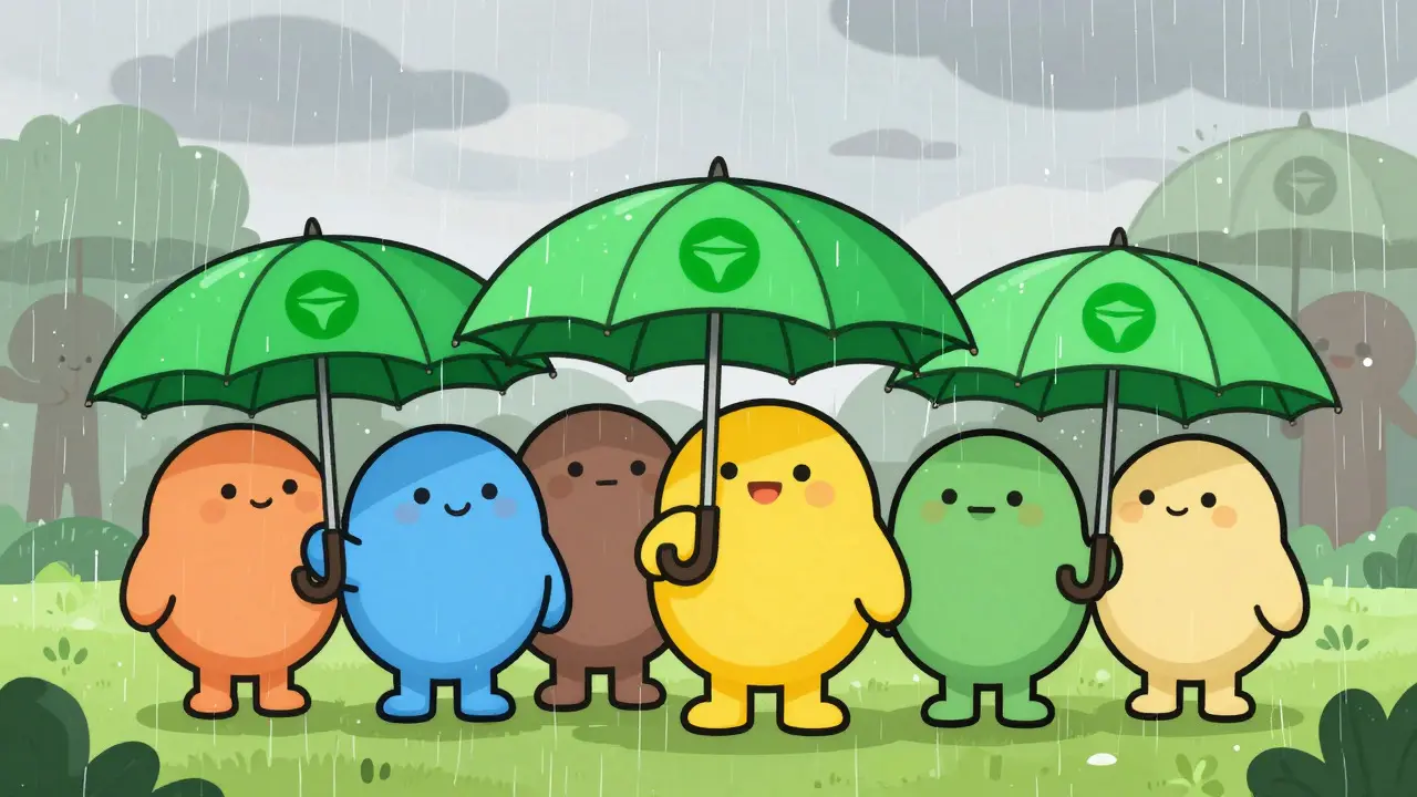 Group of cartoon people holding matching branded umbrellas in rain