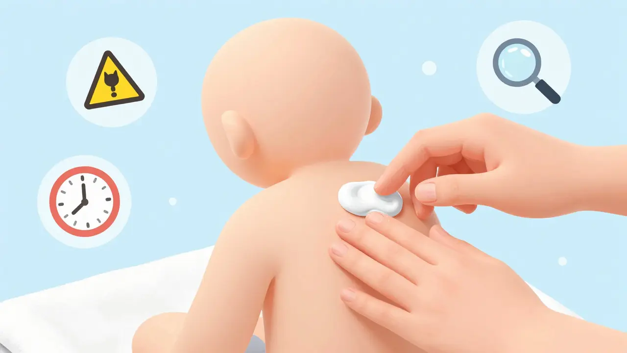 Hands applying white cream to a person's skin with safety tip icons nearby