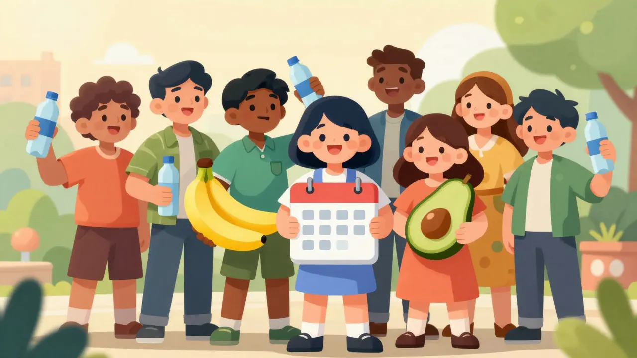 Happy people holding fruit and water, promoting healthy lifestyle choices.
