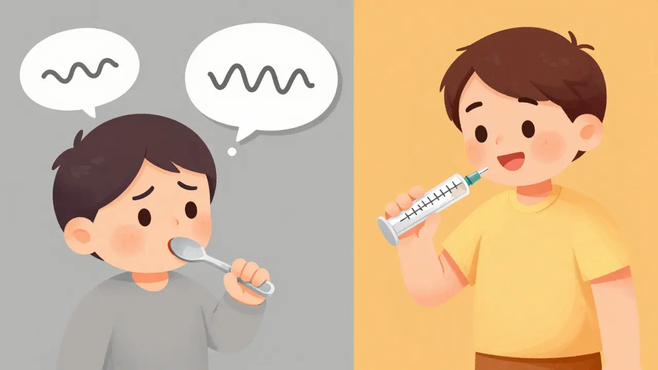 Illustration comparing a kitchen spoon versus a precise oral syringe for administering liquid medicine.