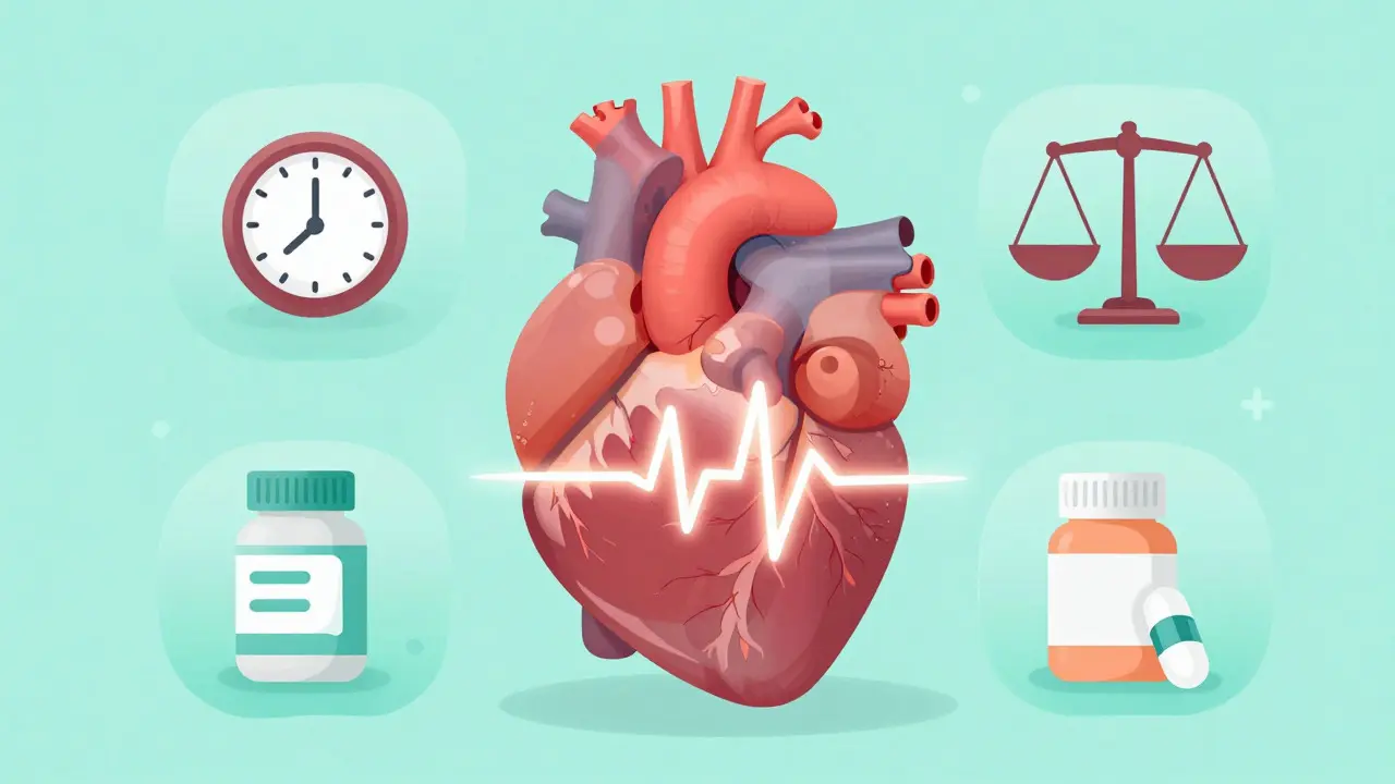 Illustration of a heart with pulse lines and surrounding health risk icons.