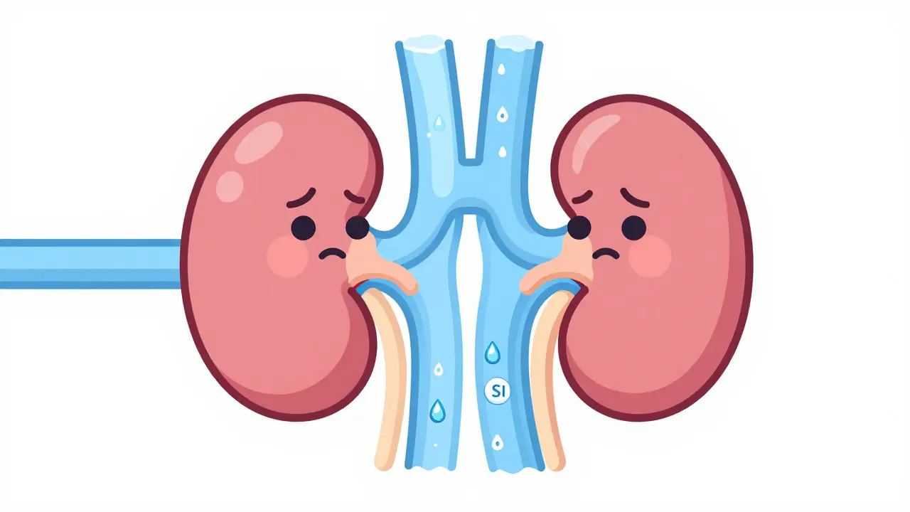 Illustration of kidneys retaining fluid and sodium in the body