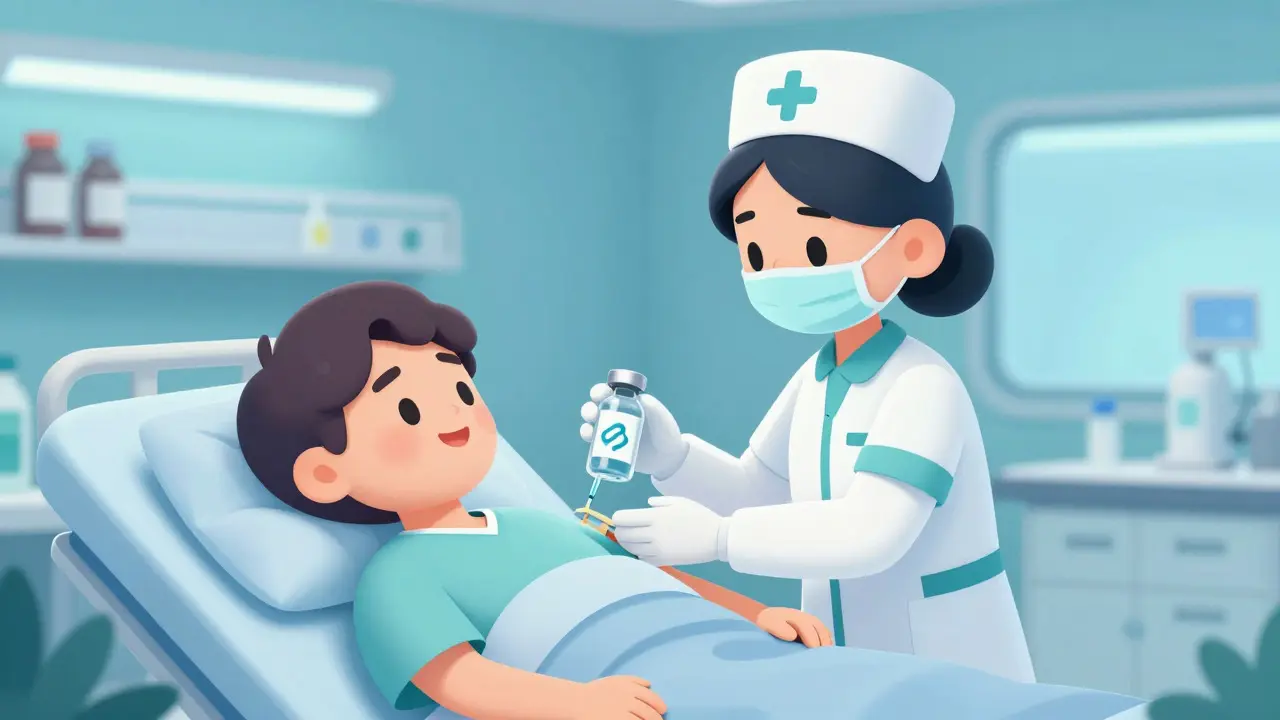 Nurse administering biosimilar injection to patient in soft cartoon illustration