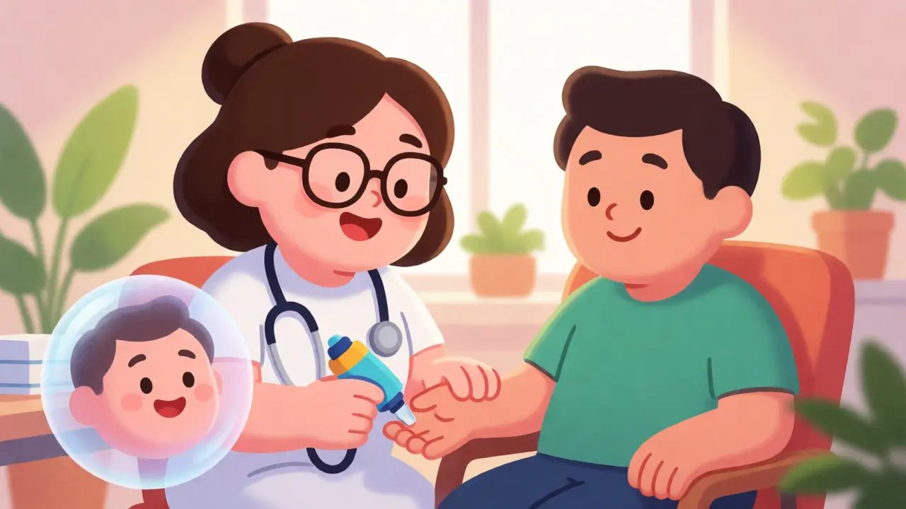 Nurse performing an INR blood test on a patient with a stable result visualization.