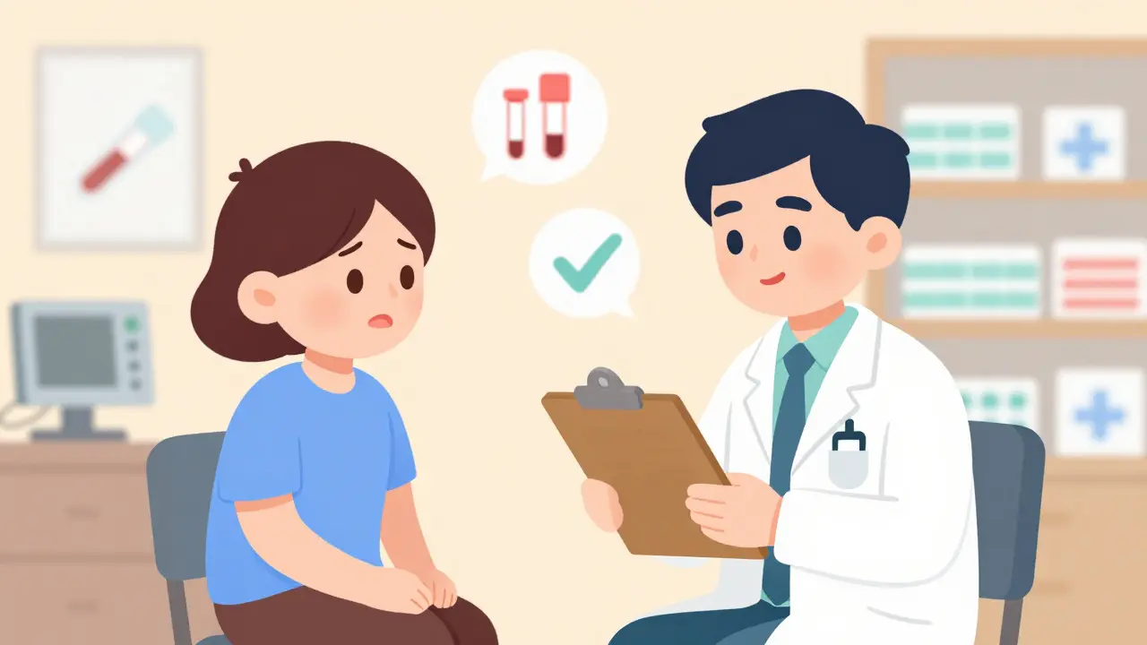 Patient consulting doctor about medication safety