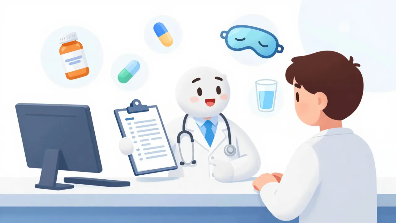 Pharmacist advising patient on medication safety with floating health icons