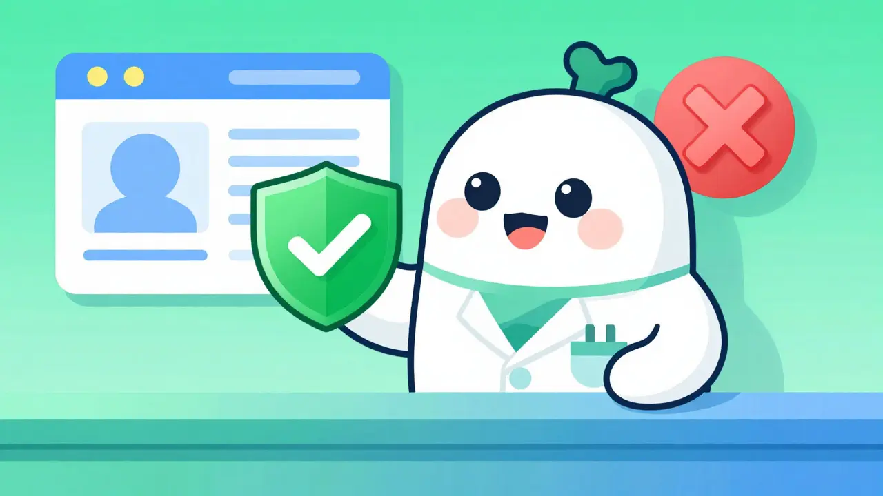 Pharmacist showing safety seal vs unsafe website warning