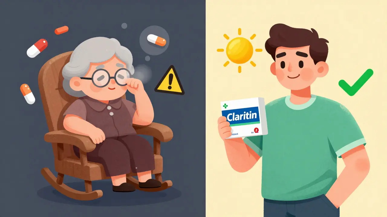 Split image showing dizzy elderly woman vs happy man taking non-drowsy allergy pill