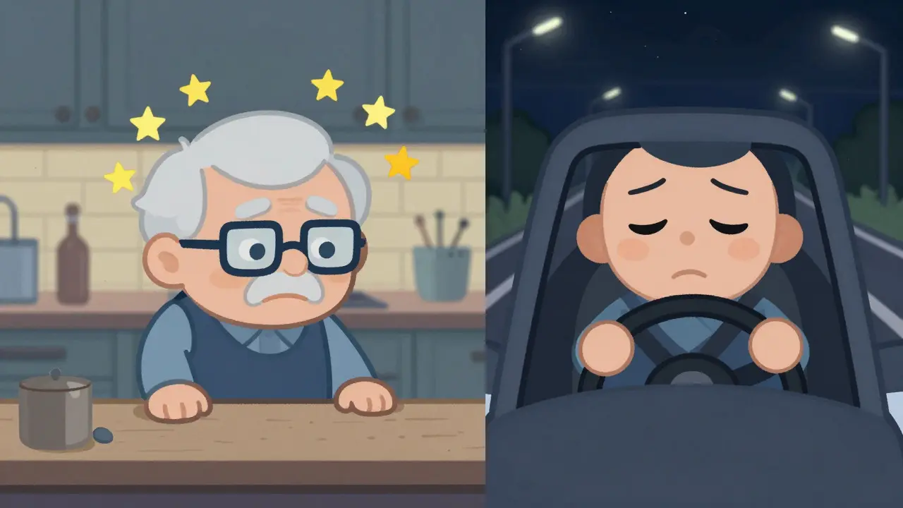 Split scene of an elderly person staggering indoors and a drowsy driver on a night road