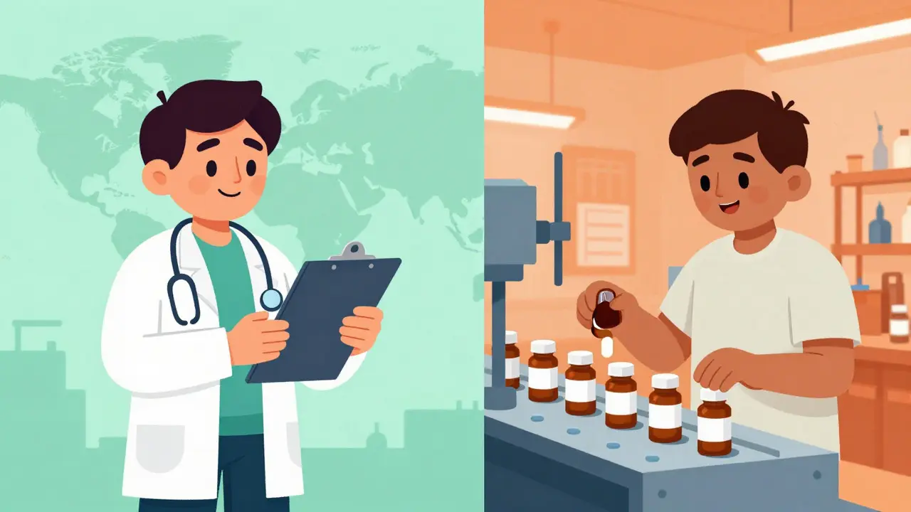 Split view of German doctor and Indian manufacturer in rounded cartoon style