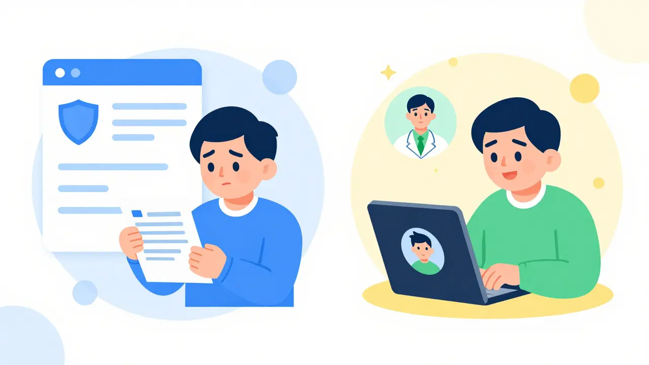 Split view of uploading a prescription versus using a telehealth video call