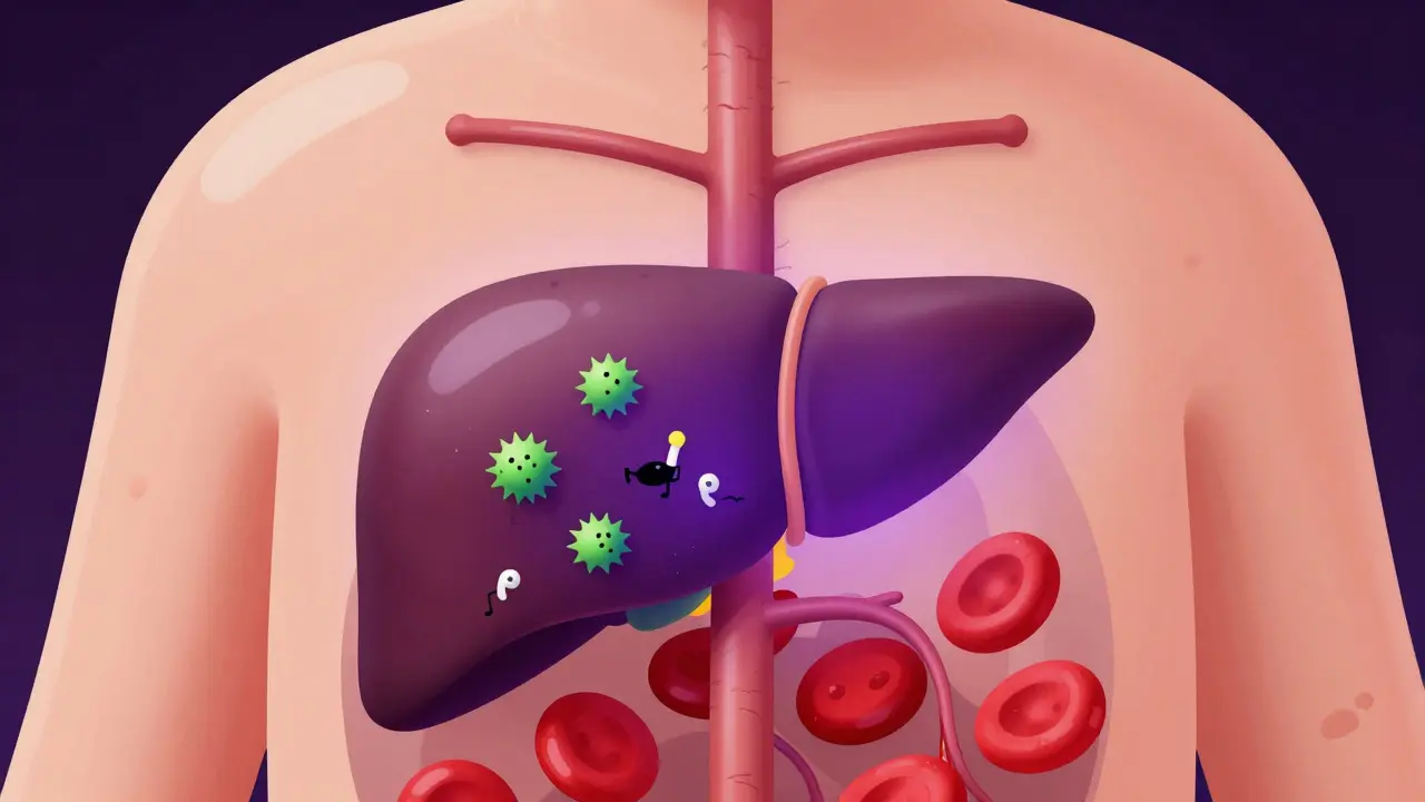 Stylized cutaway of a human liver showing toxic reaction to alcohol and medication mix