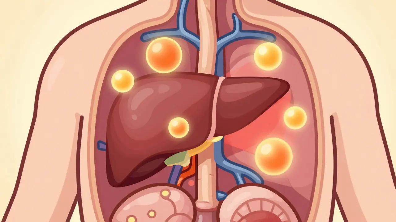 Stylized cutaway view of internal organs illustrating metabolic processes and molecular changes
