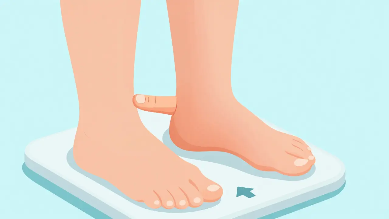 Swollen ankles showing pitting edema and weight gain warning