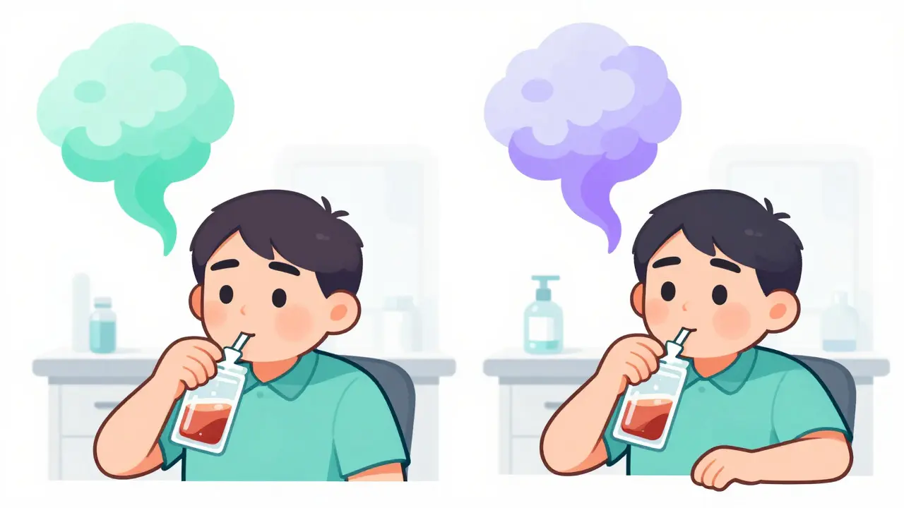 Two cartoon patients undergoing breath tests with gas cloud visuals