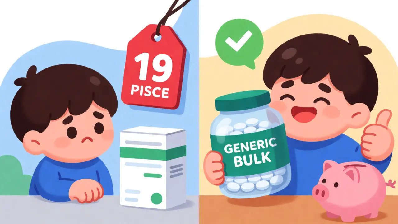 Cartoon person comparing single box cost to bulk savings