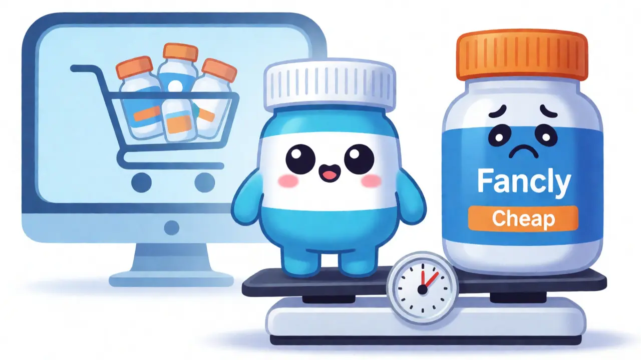Cute pill bottle character weighing cheap vs expensive options